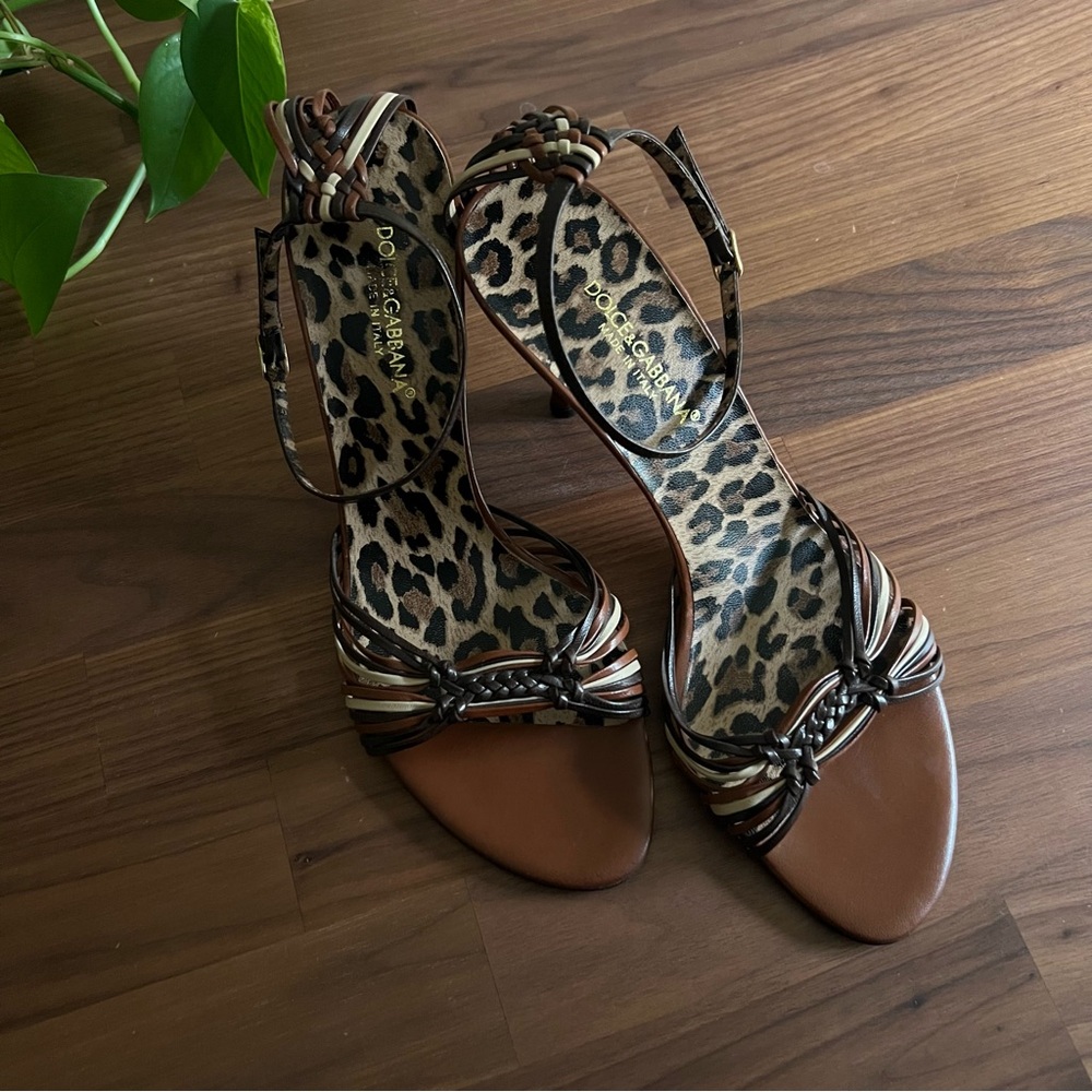 Dolce & Gabbana Italian Leather Strappy Ankle Wrap Sandals Brown Leopard - Picture 5 of 11